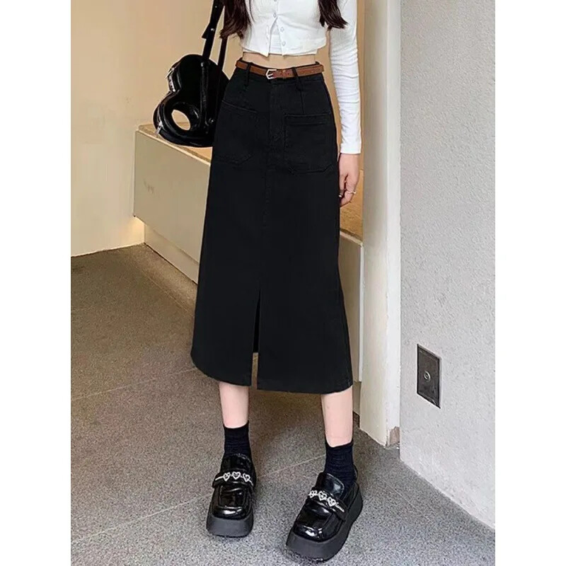 Vintage naiste teksapükste bodycon seelik keskmise pikkusega sirge jalaga kõrge vöökohaga suvine külglõhega tööriiete seelik Khaki