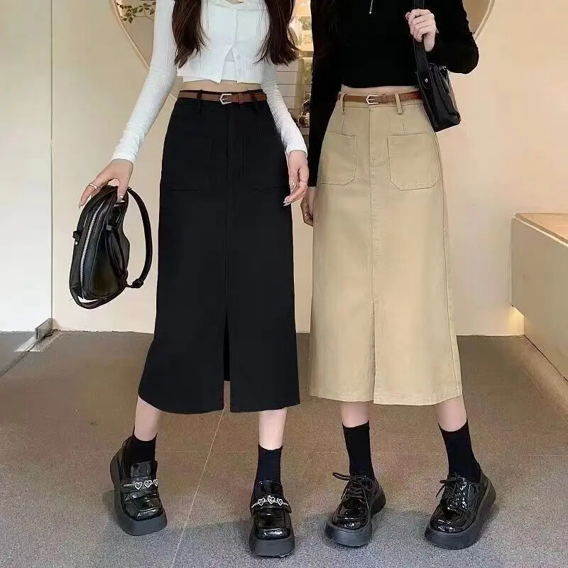 Vintage naiste teksapükste bodycon seelik keskmise pikkusega sirge jalaga kõrge vöökohaga suvine külglõhega tööriiete seelik Khaki