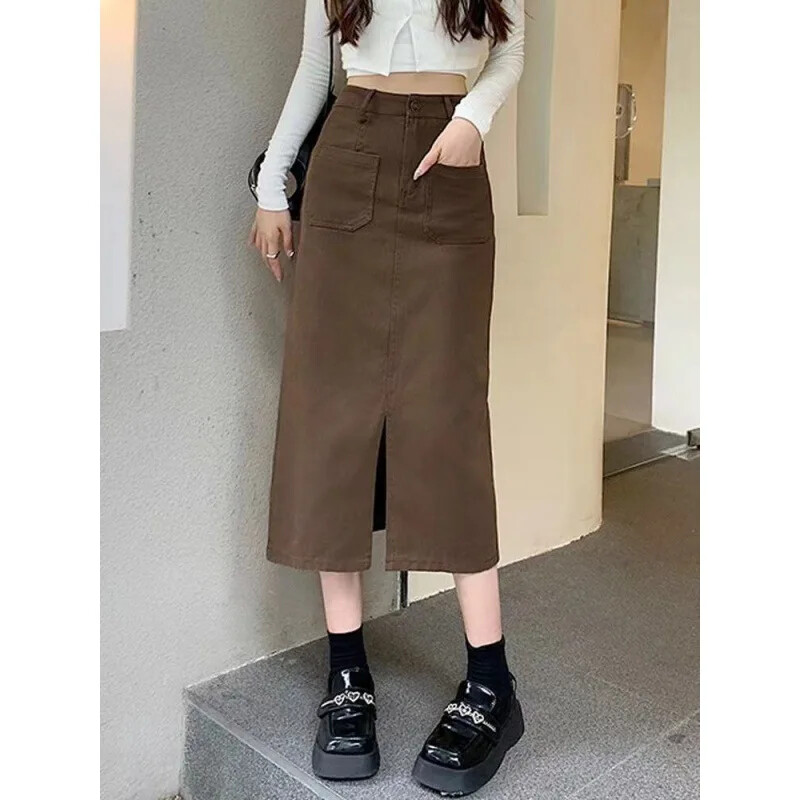 Vintage naiste teksapükste bodycon seelik keskmise pikkusega sirge jalaga kõrge vöökohaga suvine külglõhega tööriiete seelik Khaki