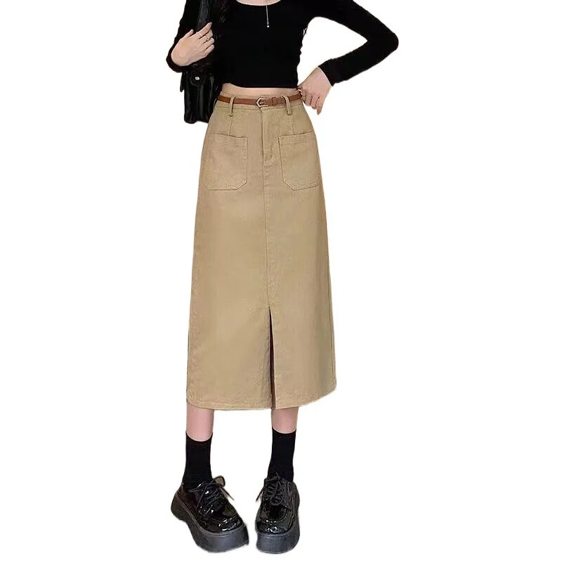 Vintage naiste teksapükste bodycon seelik keskmise pikkusega sirge jalaga kõrge vöökohaga suvine külglõhega tööriiete seelik Khaki