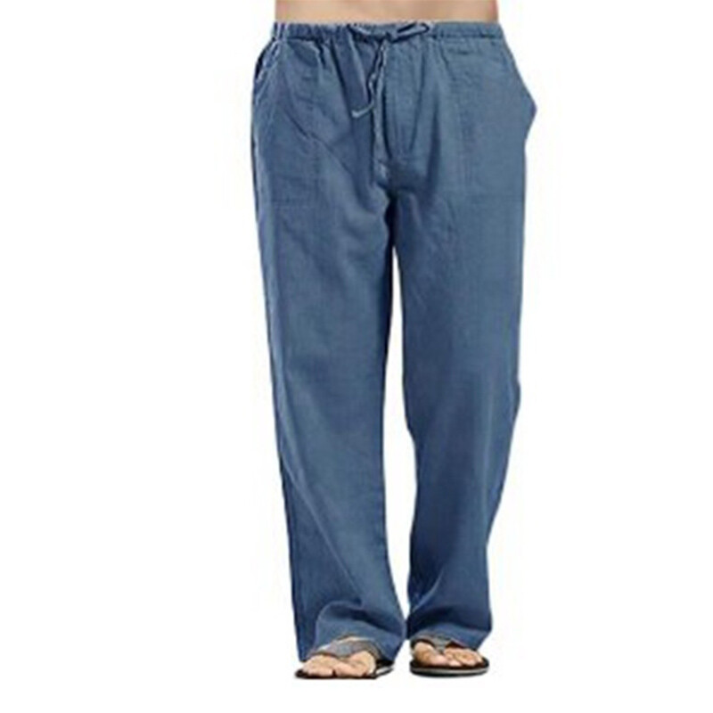 Vīriešu kokvilnas lina bikses Vasaras vienkrāsainas elpojošas lina bikses Vīriešu ikdienas elastīgas jostasvietas fitnesa bikses Lielais izmērs