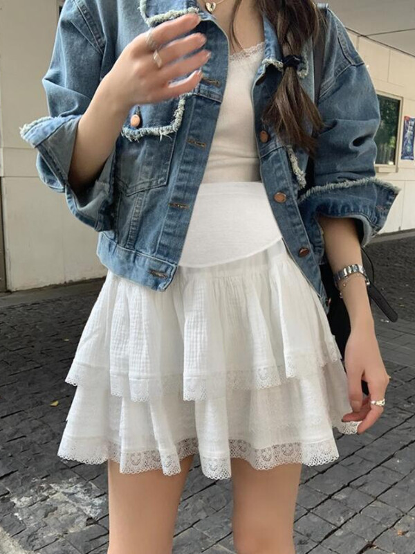 Bijele trudničke suknje Ljetne visokog struka Dvoslojni čipkasti porub s volanima Patchwork Suknje za balone za trudnice Suknje za kolače