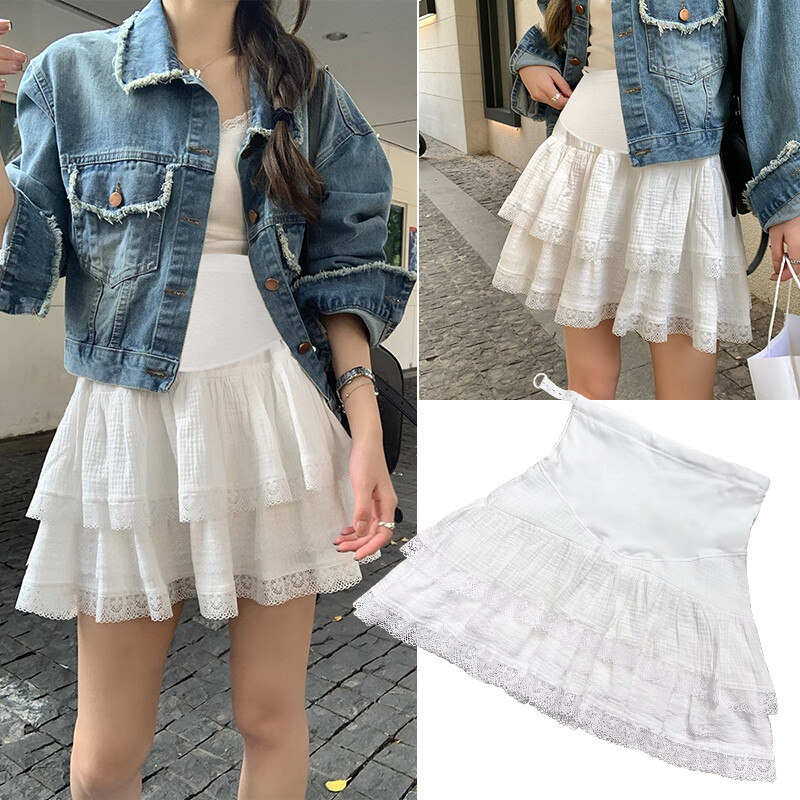 Bijele trudničke suknje Ljetne visokog struka Dvoslojni čipkasti porub s volanima Patchwork Suknje za balone za trudnice Suknje za kolače