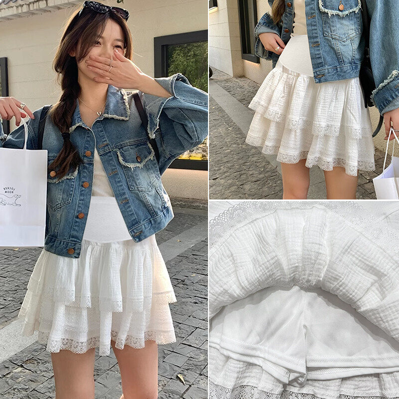 Bijele trudničke suknje Ljetne visokog struka Dvoslojni čipkasti porub s volanima Patchwork Suknje za balone za trudnice Suknje za kolače