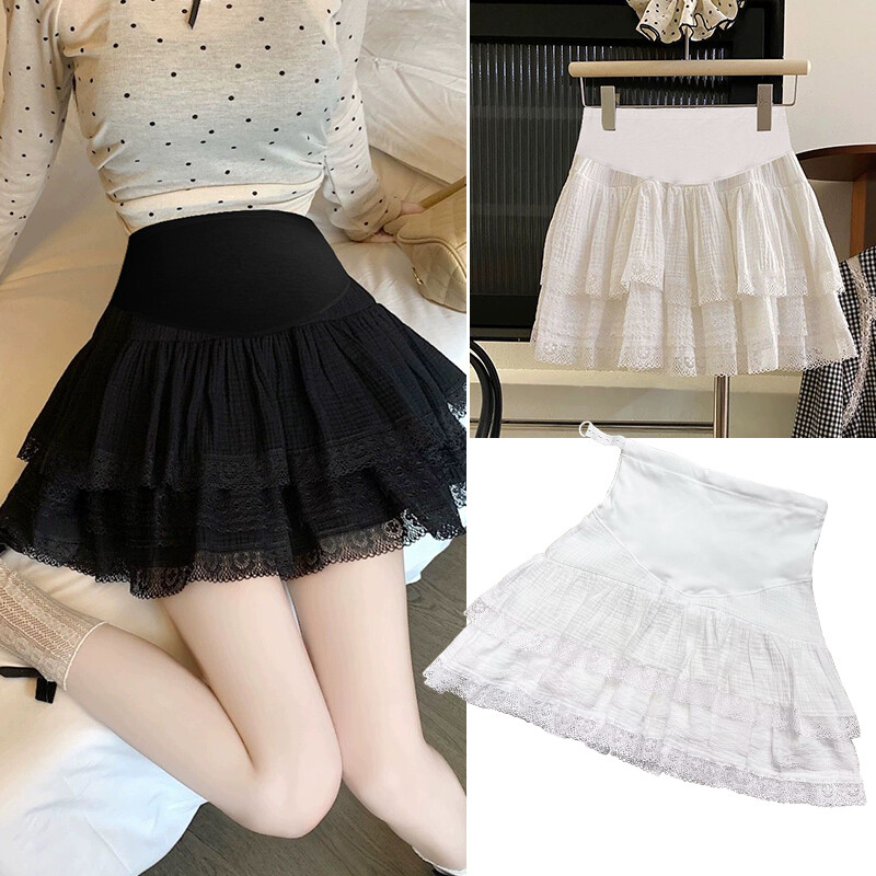 Bijele trudničke suknje Ljetne visokog struka Dvoslojni čipkasti porub s volanima Patchwork Suknje za balone za trudnice Suknje za kolače