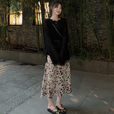 Leopard brīvi svārki grūtniecēm grūtniecēm Apģērbs vēderam ar augstu vidukli Gari svārki ikdienišķa grūtniecības pakete Gurnu A līnijas svārki