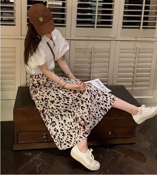 Leopard brīvi svārki grūtniecēm grūtniecēm Apģērbs vēderam ar augstu vidukli Gari svārki ikdienišķa grūtniecības pakete Gurnu A līnijas svārki