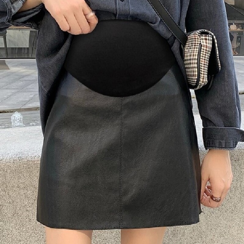 Rudens ziemas PU Grūtnieču svārki Sexy Chic Ins A Line Zīmulis Vēdera atbalsta svārki Grūtniecēm Bodycon Svārki Grūtniecības apģērbs