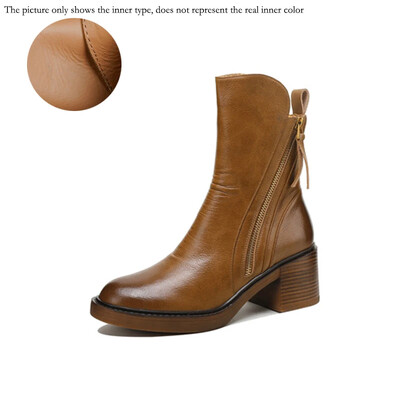 Rudens ziemas sieviešu apavi Ādas īsi zābaki sievietēm apaļš purngals, kupli papēža zābaki, rāvējslēdzēja zābaki, sieviešu zābaki ar platformu.