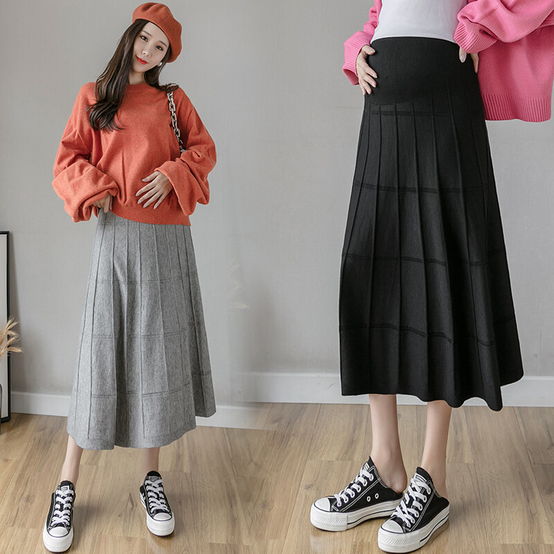 Crno siva jesenska i zimska odjeća za trudnice Duge široke karirane pletene suknje Modna suknja s punim suknjama za trudnice