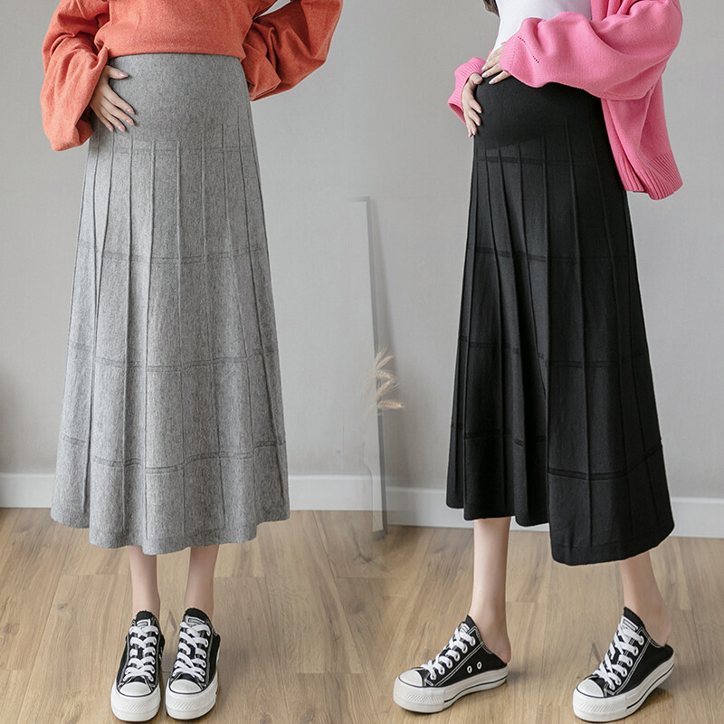 Crno siva jesenska i zimska odjeća za trudnice Duge široke karirane pletene suknje Modna suknja s punim suknjama za trudnice