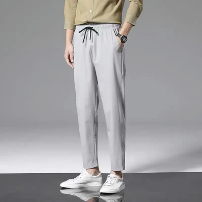 2023 Thin Ice Silk Ikdienas brīvas, taisnas kājas ātri žūstošas vīriešu sporta bikses, apgrieztas modernas, daudzpusīgas drapētas bikses