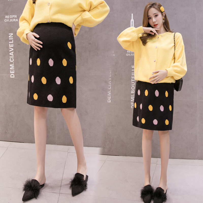 Rudens grūtnieču apģērbi vēdera dobuma trikotāžas komplektā gurnu svārki ar augstu vidukli Grūtniecības bloka krāsa Polka Dot grūtnieču svārki