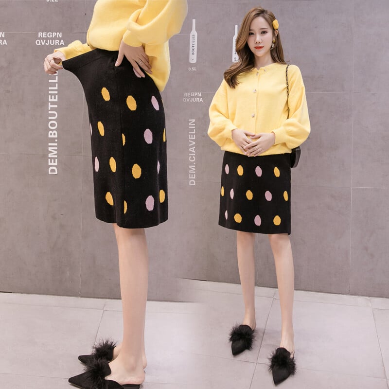 Rudens grūtnieču apģērbi vēdera dobuma trikotāžas komplektā gurnu svārki ar augstu vidukli Grūtniecības bloka krāsa Polka Dot grūtnieču svārki