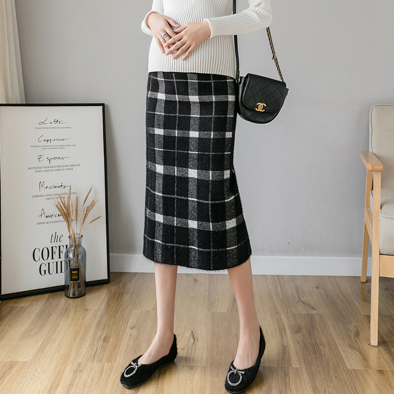 Jesen Zima Visoki struk Odjeća za trudnice Blok boje Karirani trbuh Pletena suknja za poprsje Ravna suknja za trudnice s podijeljenim leđima