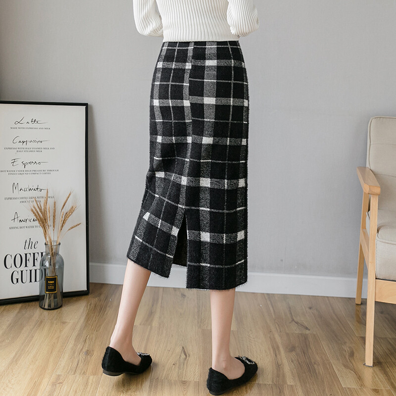 Jesen Zima Visoki struk Odjeća za trudnice Blok boje Karirani trbuh Pletena suknja za poprsje Ravna suknja za trudnice s podijeljenim leđima