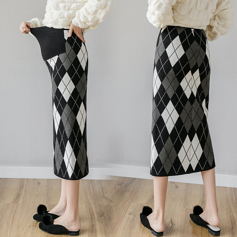 Grūtnieču tievi gurnu adīšanas svārki bloku krāsu rūtaini savārstījums grūtniecēm sieviešu zīmuļu svārki biroja dāma eleganti taisni svārki