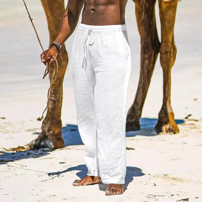 Vīriešu kokvilnas lina bikses ikdienišķas brīvas taisnas bikses vieglas savelkamās pludmales bikses vīriešu bikses