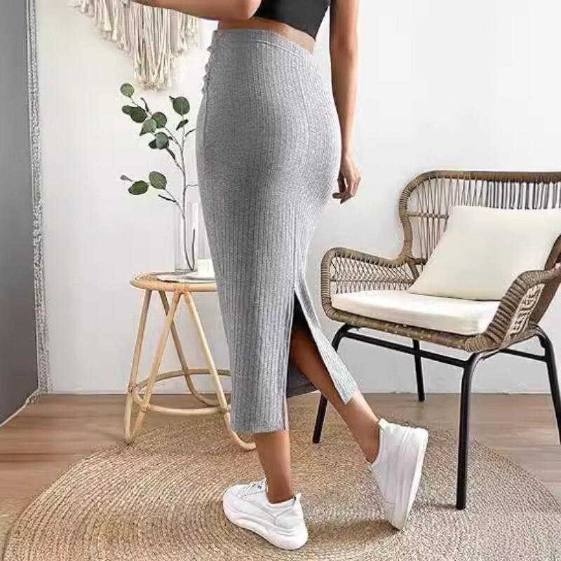 2024. gada pavasara svārki grūtniecēm ar augstu vidukli vienkrāsaini rievoti adīti grūtnieču svārki zīmuļu svārki grūtnieču apģērbi