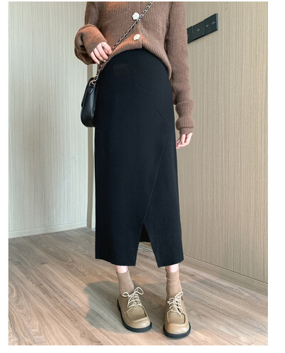 Žiemą nėščioms moterims mezgantys sijonai vienspalviai ploni klubų pilvo sijonai priekyje suskaldyti iki kulkšnies besitęsiantys nėščiųjų sijonai netaisyklingi