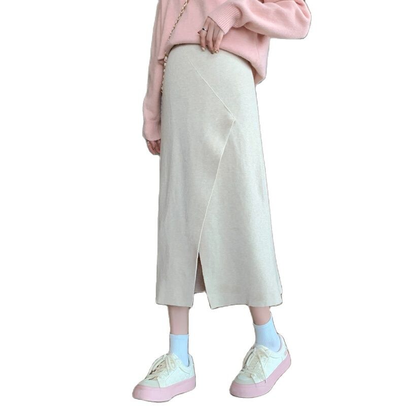 Žiemą nėščioms moterims mezgantys sijonai vienspalviai ploni klubų pilvo sijonai priekyje suskaldyti iki kulkšnies besitęsiantys nėščiųjų sijonai netaisyklingi