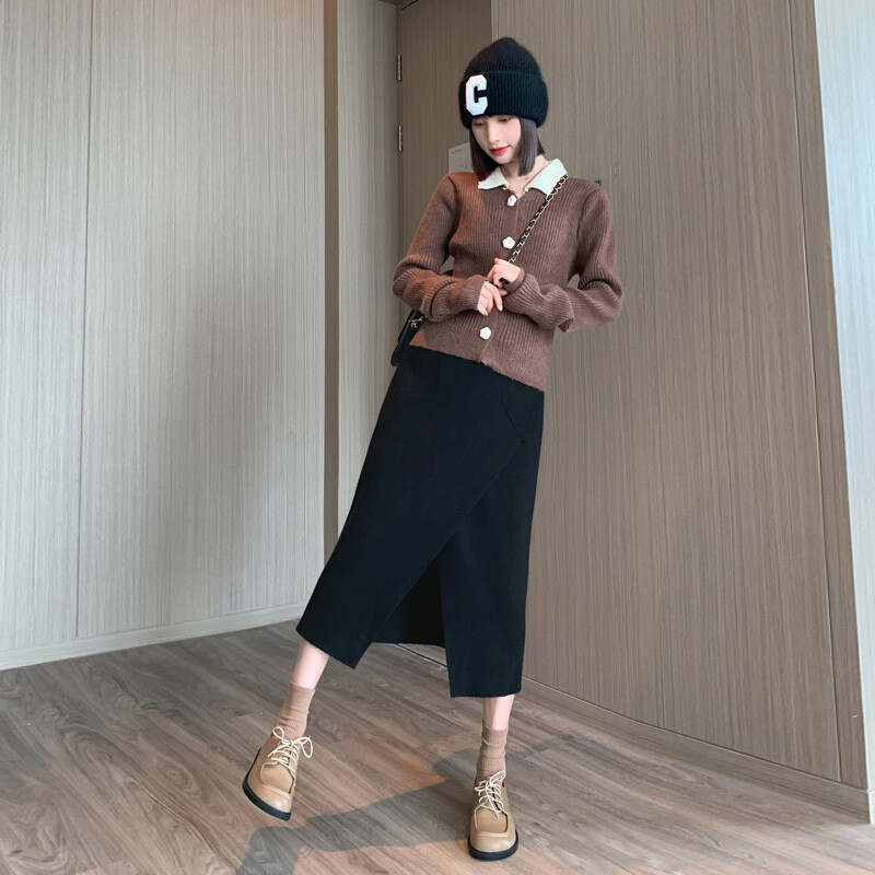 Žiemą nėščioms moterims mezgantys sijonai vienspalviai ploni klubų pilvo sijonai priekyje suskaldyti iki kulkšnies besitęsiantys nėščiųjų sijonai netaisyklingi