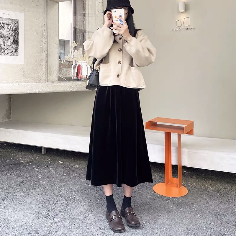 Nėščioms dėvėti sijonai aksominis moteriškas naujame sezone ilgas Žodis sijonas aukštu juosmeniu nėščioms moterims pleuche sijonas.