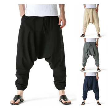 Мъжки памучни и ленени панталони Harem Pants Baggy Casual Oversize Свободни джогинг панталони Панталони с широки крачоли Йога панталони с къси крачоли Хип-хоп