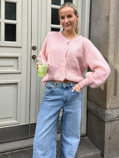 Sieviešu, saldi, eleganti, mohēras trikotāžas jakas Eleganti ar kaklu, vienrindu džemperis ar garām piedurknēm, 2024. gada rudens sieviešu modes džemperi