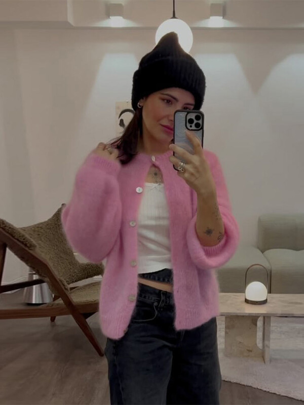 Sieviešu, saldi, eleganti, mohēras trikotāžas jakas Eleganti ar kaklu, vienrindu džemperis ar garām piedurknēm, 2024. gada rudens sieviešu modes džemperi