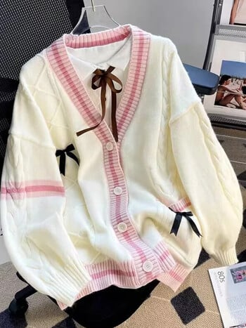 Sweet Bow Knitted Cardigans Y2k Aesthetic All Match Contrast Color Coats Модни едноредни дамски пуловери Kawaii JK Jumper