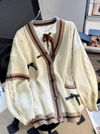 Sweet Bow Knitted Cardigans Y2k Aesthetic All Match Contrast Color Coats Модни едноредни дамски пуловери Kawaii JK Jumper