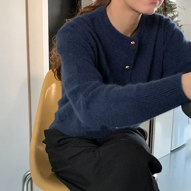Sieviešu trikotāžas jaka 2023. gada pavasaris, jauns korejiešu vienkrāsains džemperis ar apaļu kaklu