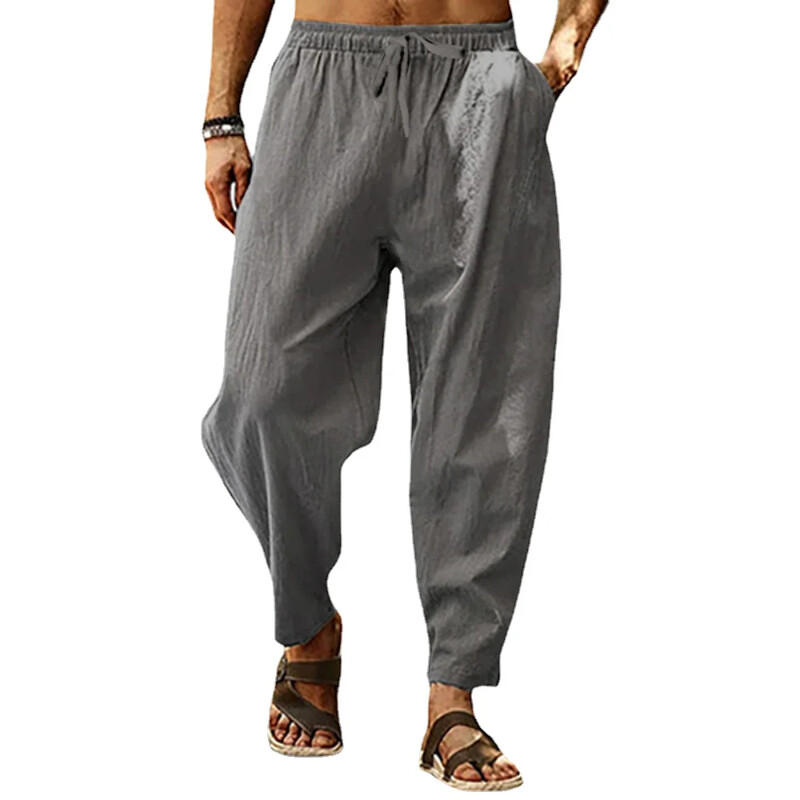Vasaras jaunas vīriešu elpojošas bikses no kokvilnas un lina vīriešu vienkrāsainas vīriešu daudzveidīgas pamata bikses, brīvas fitnesa, kausal liela izmēra