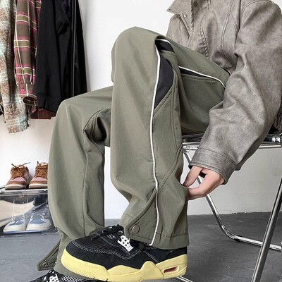 Primăvară Toamnă Noua modă Cu talie elastică cu șnur Patchwork Îmbrăcăminte pentru bărbați Tendință Stil american Pantaloni drepti largi, cu toate potrivirile