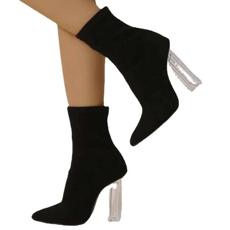 Sieviešu augstpapēžu kurpes Floku puszābaki Dāmu ziemas bloks caurspīdīgi papēži zeķes īsi zābaciņi caurspīdīgi aprikožu izlaiduma kurpes 2024