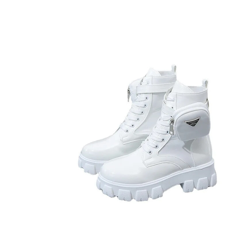 Sieviešu zābaki Jaunums Motociklu Puszābaki Ķīļi Sieviešu šņorzābaki Platformas Baltas Melnas Ādas Oksfordas Apavi Sieviešu zābaki