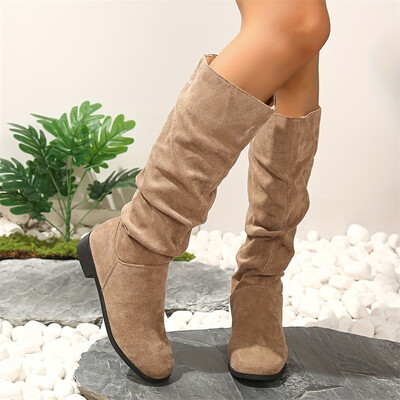 Jauni augstas kvalitātes kroku zābaki sievietēm melni kaili mākslīgās zamšādas zābaki ceļgaliem augsti zābaki sievietēm plakana rudens ziemas kleita