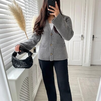 Cardigan tricot pentru femei, toamnă, blândă, solidă, cu mânecă lungă, cu un singur piept, pentru femei, cu buzunar cu decolteu în V, tricotaje pentru damă, toate se potrivesc 2024