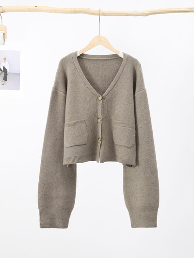 Cardigan tricot pentru femei, toamnă, blândă, solidă, cu mânecă lungă, cu un singur piept, pentru femei, cu buzunar cu decolteu în V, tricotaje pentru damă, toate se potrivesc 2024