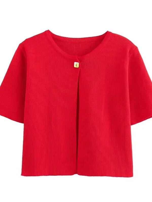 Sieviešu trikotāžas jakas ar vienu pogu, elegants sarkans sieviešu džemperis ar īsām piedurknēm, 2024. gada rudens modes ielas apģērba sieviešu džemperi