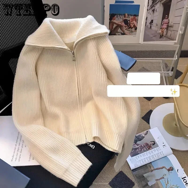 Tamno sivi pleteni kardigan s dvostrukim zatvaračem Kratki gornji kaput s otvorenim ovratnikom Ženski uski topli korejski modni američki proljeće jesen