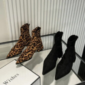 2024 Modne ženske gležnjače s patentnim zatvaračima na špic s cipelama na nisku petu Ženska obuća s leopard printom Ženske rastezljive moderne čizme