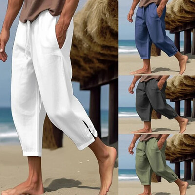 La malul mării, plajă, timp liber zilnic, pantaloni de in, primăvară, vară, modă, design cu fante laterale, pantaloni subțiri, ocazional, pantaloni trei sferturi
