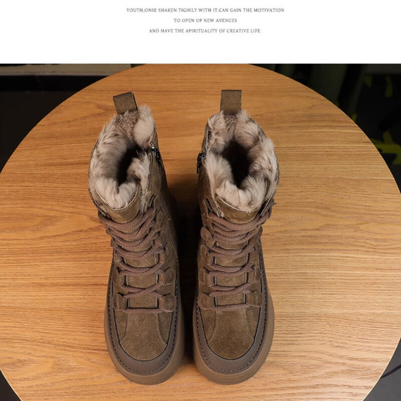 Cizme de zăpadă din nubuc de iarnă în stil britanic de modă Cizme de zăpadă pentru femei cu talpă groasă din blană de pluș Pantofi caldi cu cap rotund Cizme scurte la gleznă