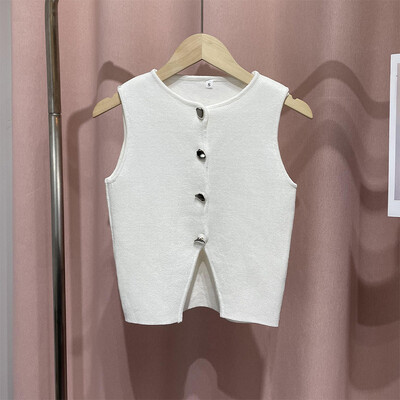 Ikdienišķa vienrindas veste Crop Tops Sieviešu Eleganta veste bez piedurknēm ar O veida kakla izgriezumu 2024. gada vasaras jauns dāmu modes apģērbs