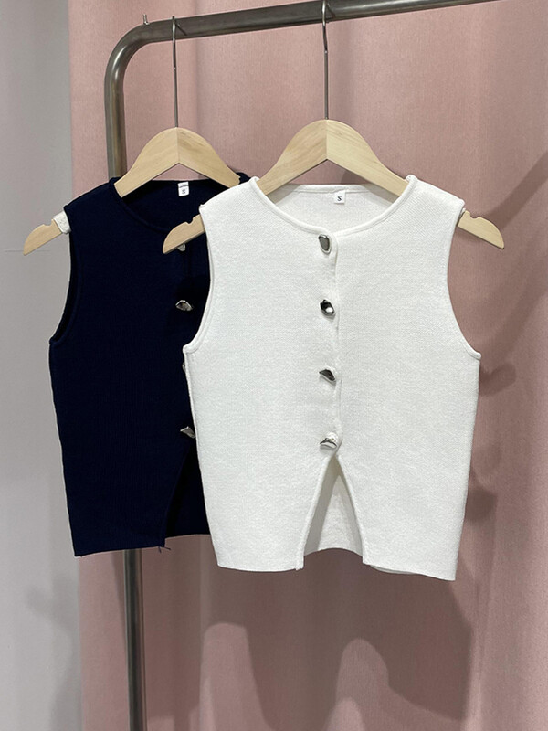 Ikdienišķa vienrindas veste Crop Tops Sieviešu Eleganta veste bez piedurknēm ar O veida kakla izgriezumu 2024. gada vasaras jauns dāmu modes apģērbs