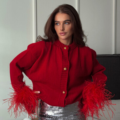 Sarkans raibs spalvu trikotāžas jaciņš ar garām piedurknēm Sieviešu modes O kakla plāns, biezs svīsts džemperis Eleganti sieviešu tērpi ikdienas gaitām