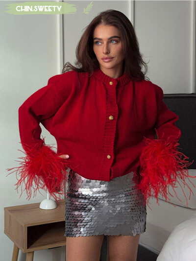 Cardigan tricotat cu mânecă lungă din pene roșu mozaic, la modă pentru femei, cu gâtul în formă de O, pulover subțire și gros, ținute elegante pentru navetă