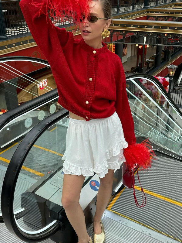 Sarkans raibs spalvu trikotāžas jaciņš ar garām piedurknēm Sieviešu modes O kakla plāns, biezs svīsts džemperis Eleganti sieviešu tērpi ikdienas gaitām